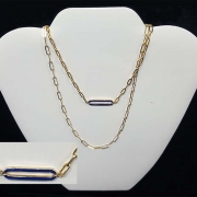 custom yellow gold paper clip necklace with enameled centre link