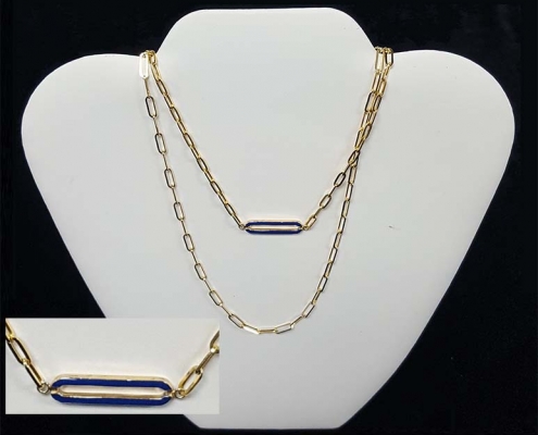 custom yellow gold paper clip necklace with enameled centre link