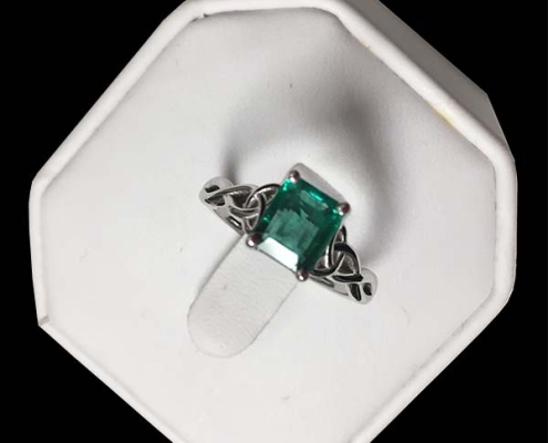 emerald engagement ring celtic band 14k white gold