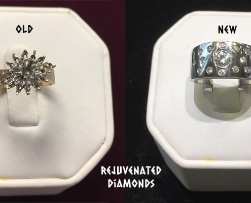 14k white gold ring featuring repurposed diamonds