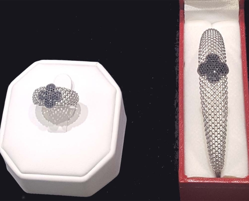 van cleef & arpels inspired ring and bangle. sterling silver with black cubic zircon stones