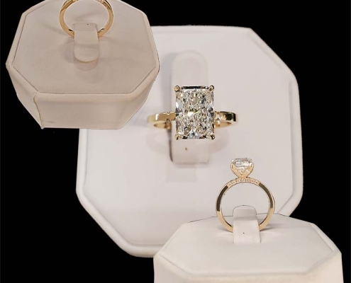 custom 2.77ct radiant cut lab diamond with 32 natural diamonds totaling .15tw - mounted on 14k yellow gold