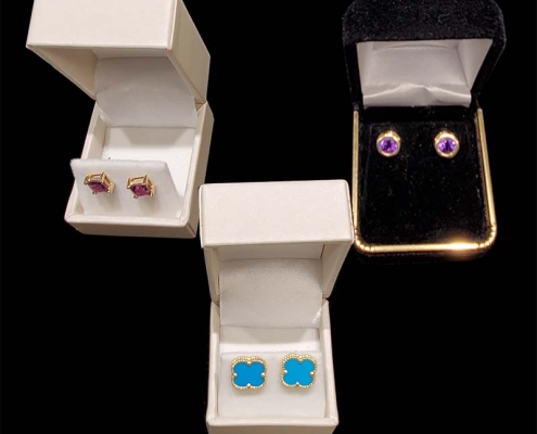 14k amethyst princess cut & circular stud earrings - 10k turquoise clover earrings