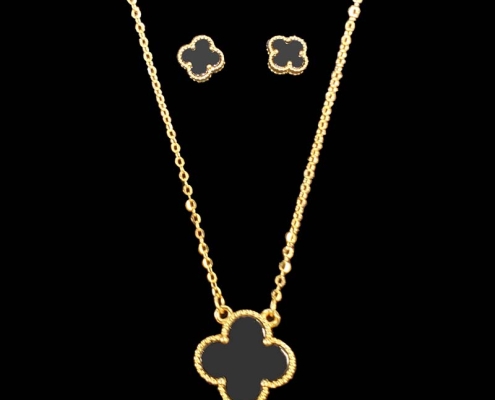 gold plated silver black onyx clover necklace & earrings