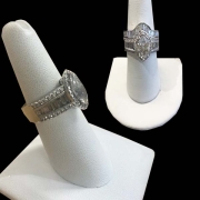 custom engagement ring and wedding band - marquis diamond, round diamonds and bagette diamonds set in white gold