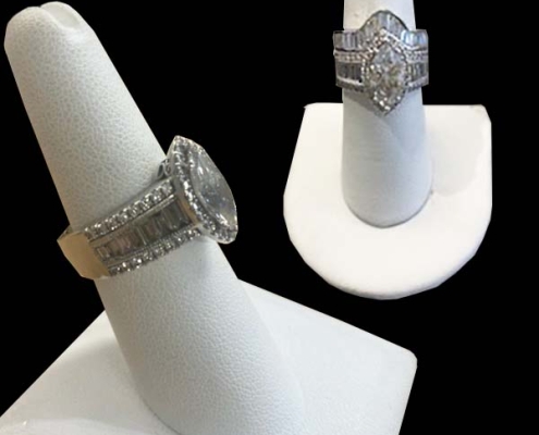 custom engagement ring and wedding band - marquis diamond, round diamonds and bagette diamonds set in white gold